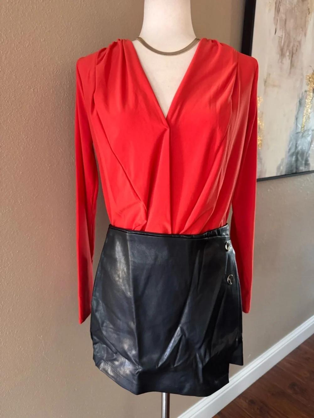 V-Neck Long Sleeve Wrap Bodysuit in Coral Red - Picture 11 of 12